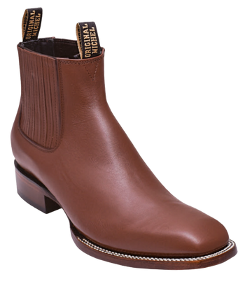 Michel 583B4707 Brown Genuine Cowhide Leather Wide Square Toe Charro Ankle Boots