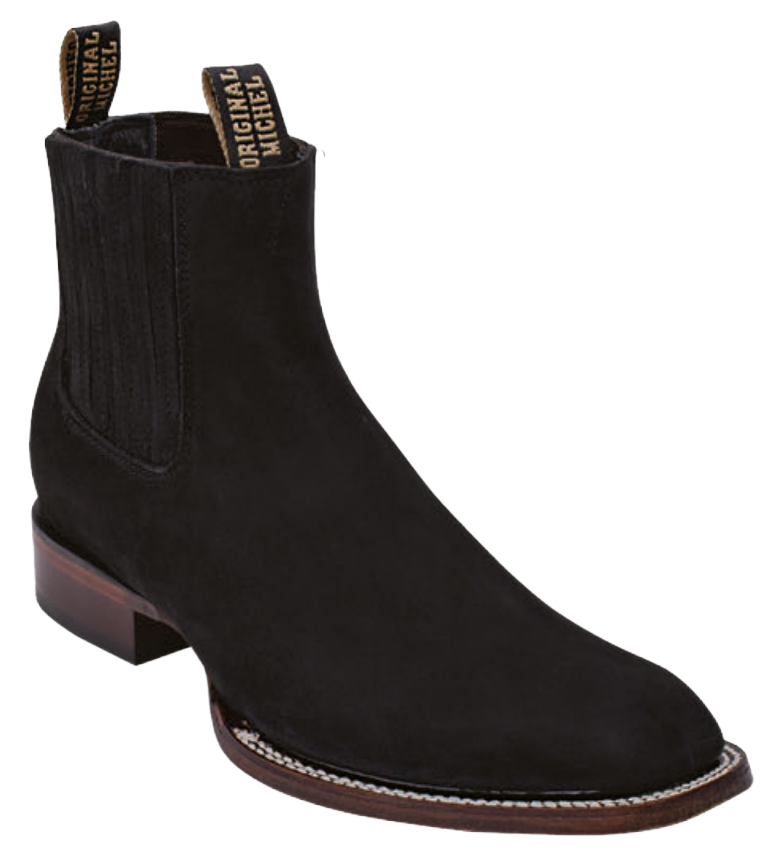 Michel 583B6305 Black Genuine Cowhide Leather Wide Square Toe Charro Ankle Boots