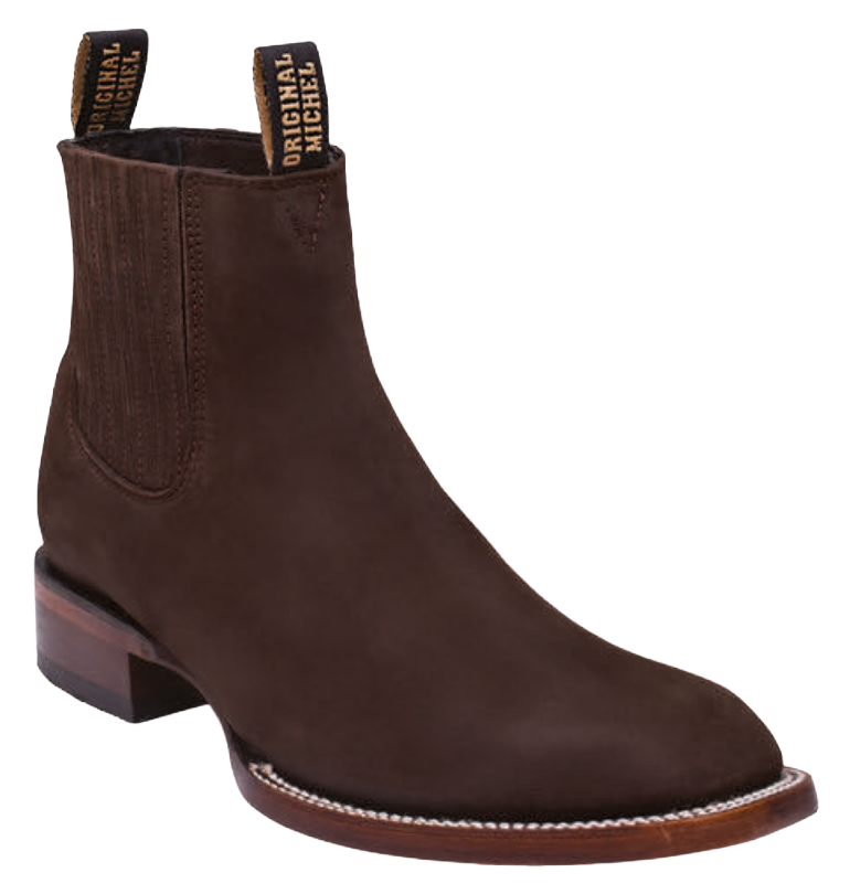 Michel 583B6359 Dark Brown Genuine Cowhide Leather Wide Square Toe Charro Ankle Boots