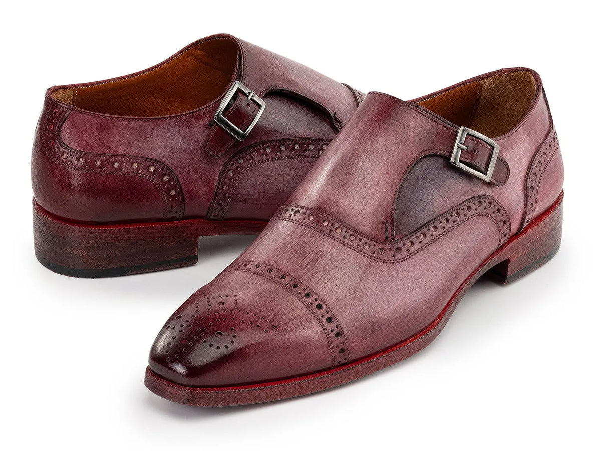 Paul Parkman Men's Burgundy Cap Toe Monk strap Shoes (ID#65BUR28) PAUL PARKMAN