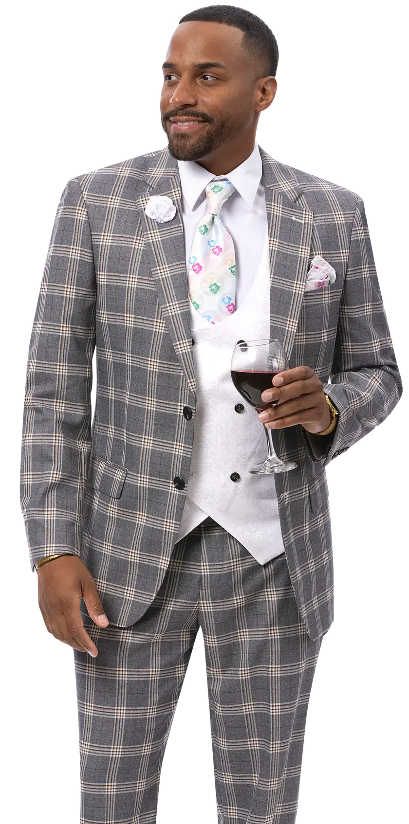 EJ Samuel M2816 Gray Plaid Vested Suit