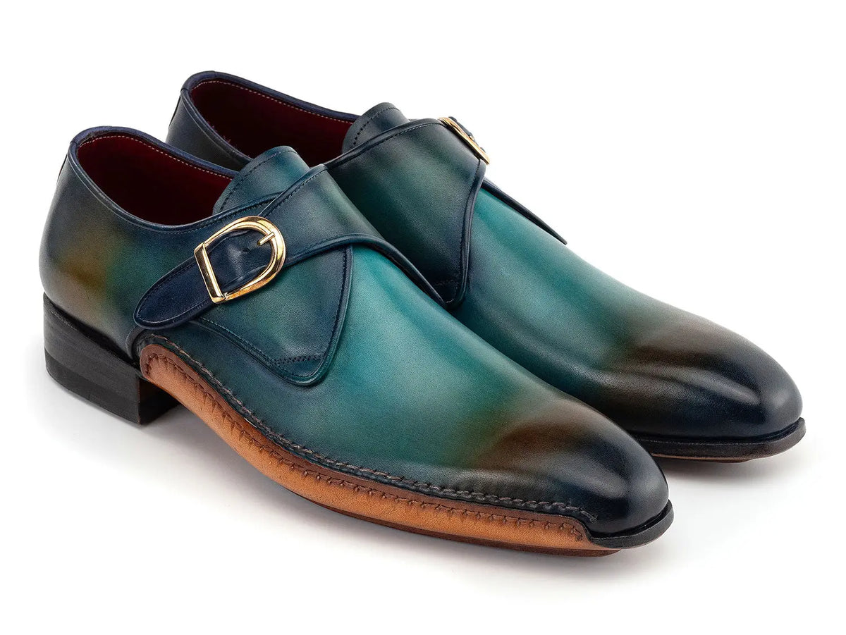 Paul Parkman Men's Turquoise/Brown Genuine Leather Single Monk strap Shoes (ID#69V7U) PAUL PARKMAN