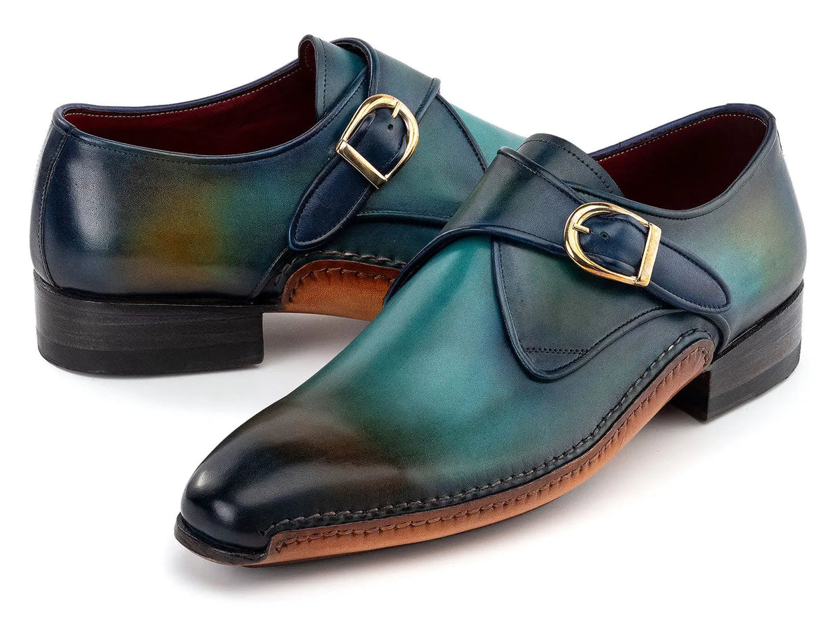 Paul Parkman Men's Turquoise/Brown Genuine Leather Single Monk strap Shoes (ID#69V7U) PAUL PARKMAN