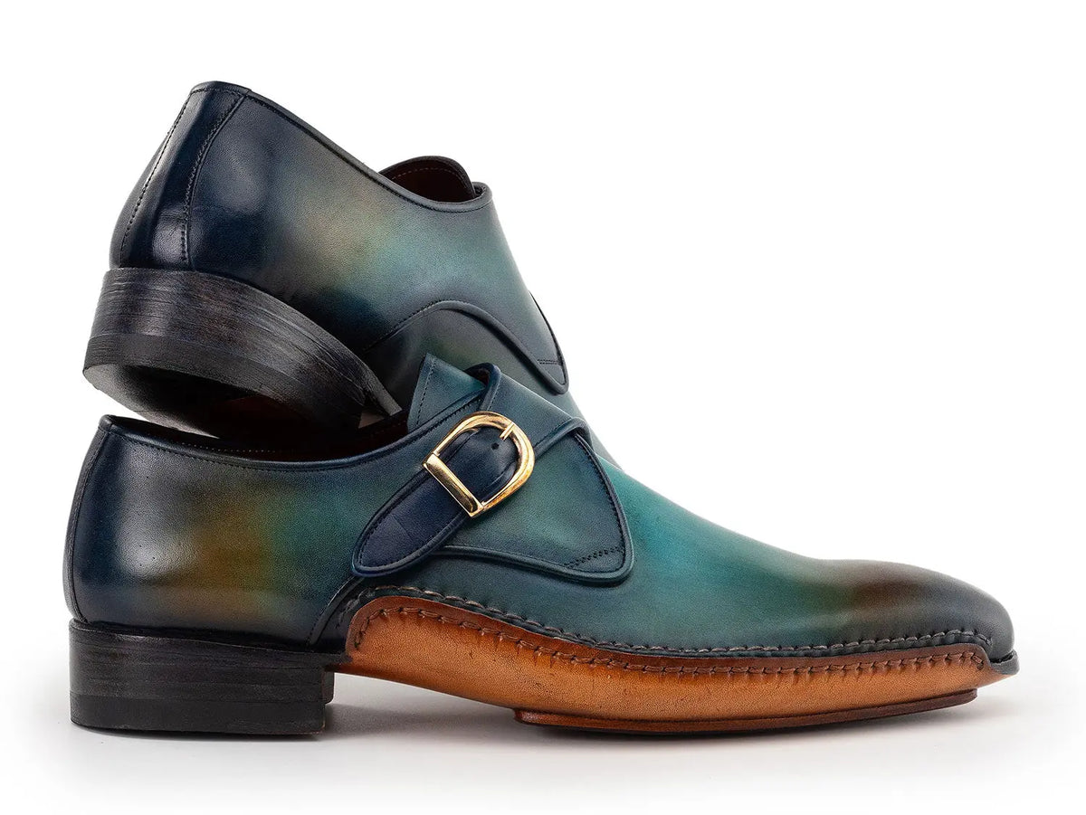 Paul Parkman Men's Turquoise/Brown Genuine Leather Single Monk strap Shoes (ID#69V7U) PAUL PARKMAN