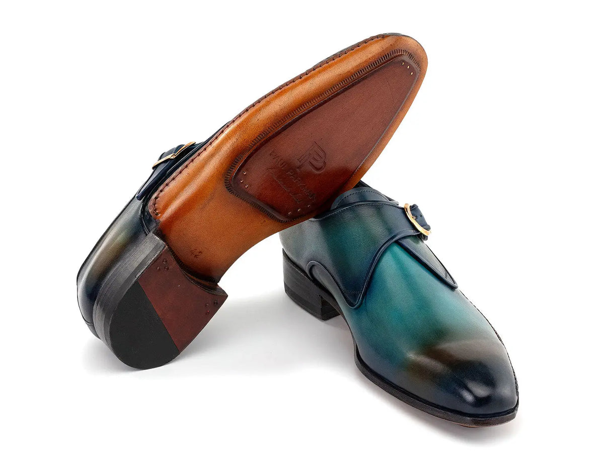 Paul Parkman Men's Turquoise/Brown Genuine Leather Single Monk strap Shoes (ID#69V7U) PAUL PARKMAN