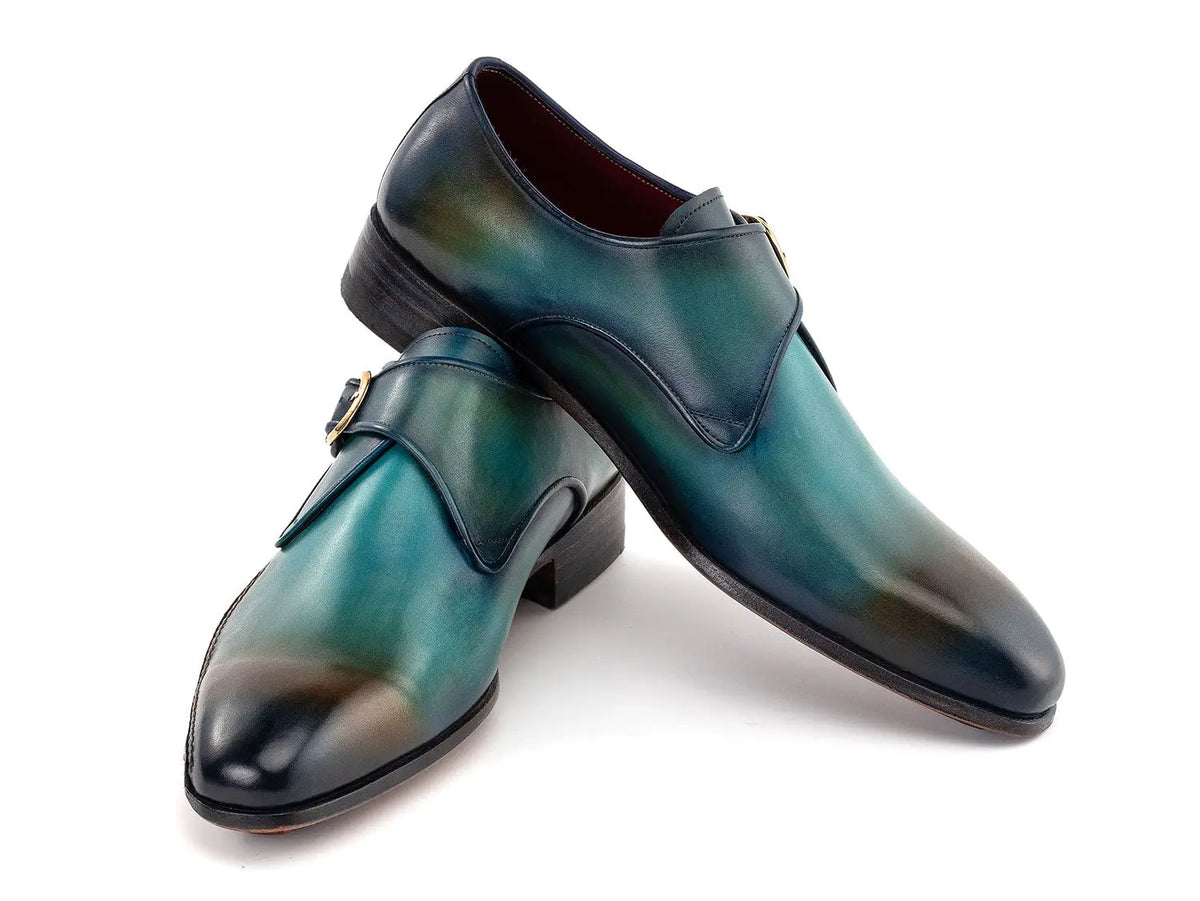 Paul Parkman Men's Turquoise/Brown Genuine Leather Single Monk strap Shoes (ID#69V7U) PAUL PARKMAN
