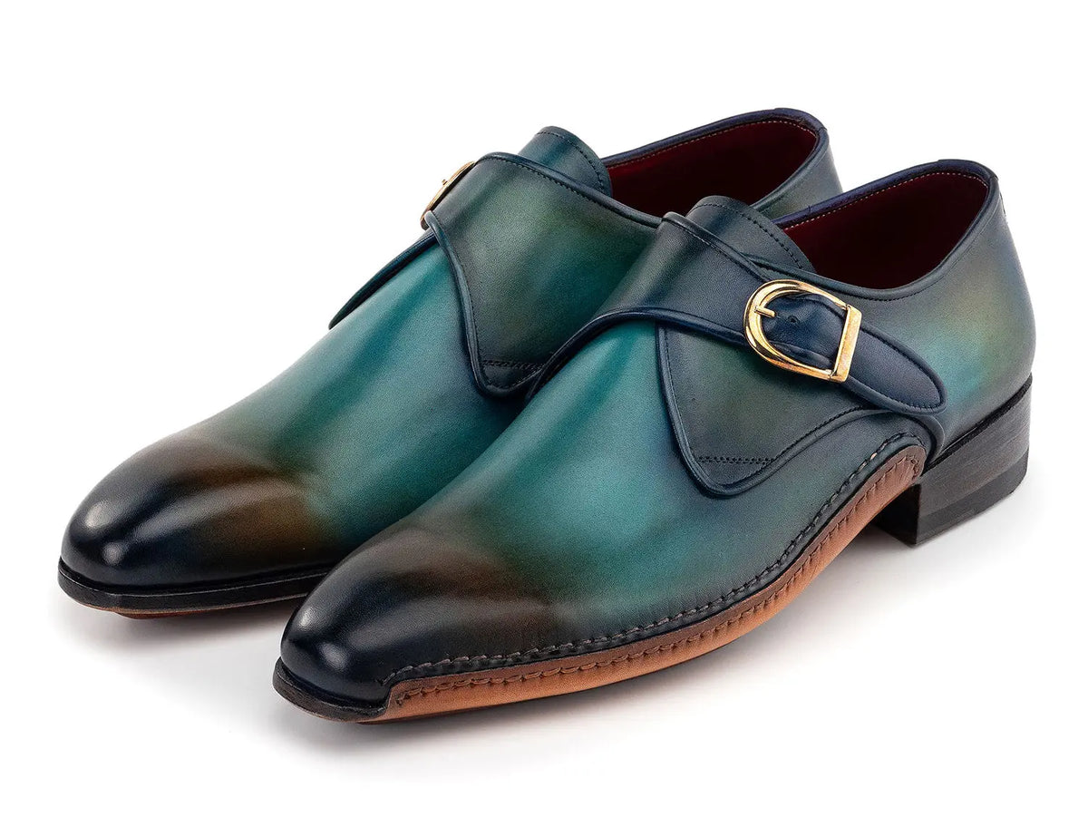 Paul Parkman Men's Turquoise/Brown Genuine Leather Single Monk strap Shoes (ID#69V7U) PAUL PARKMAN