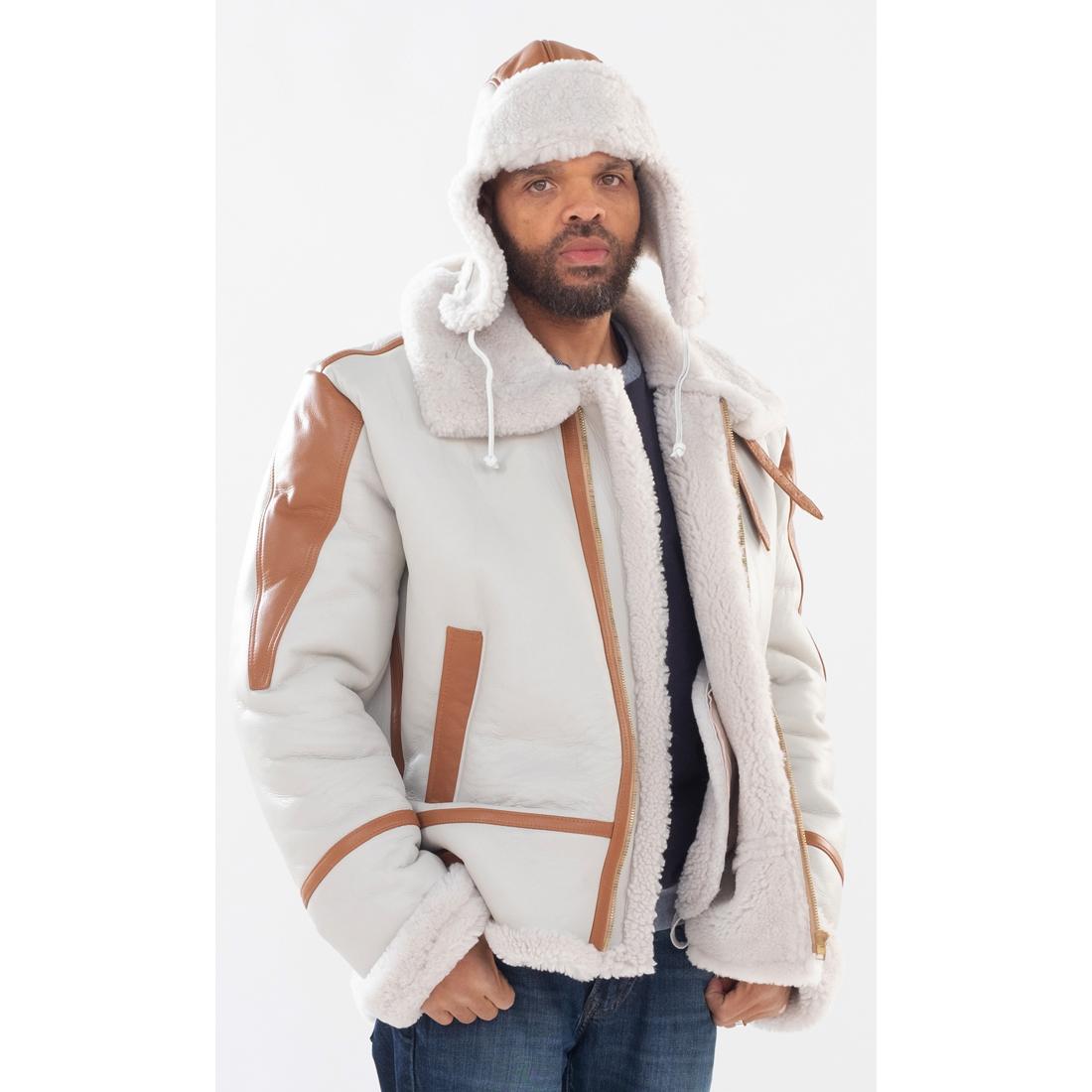 Jakewood 702 White/Brown Genuine Sheepskin Jacket With Leather Trimming