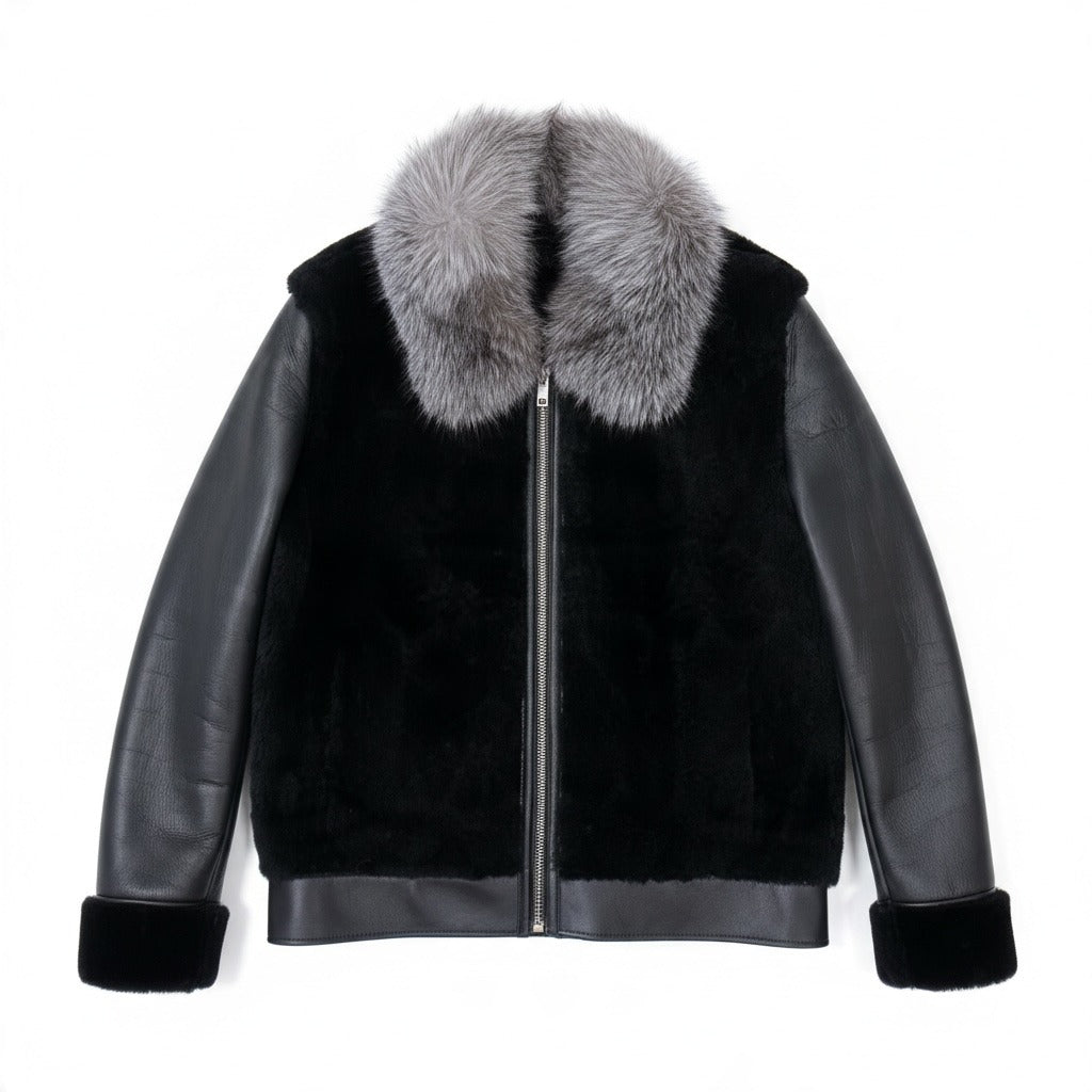 Jakewood 7020F Black/Grey Genuine Mouton/Sheepskin/Fox Fur Jacket