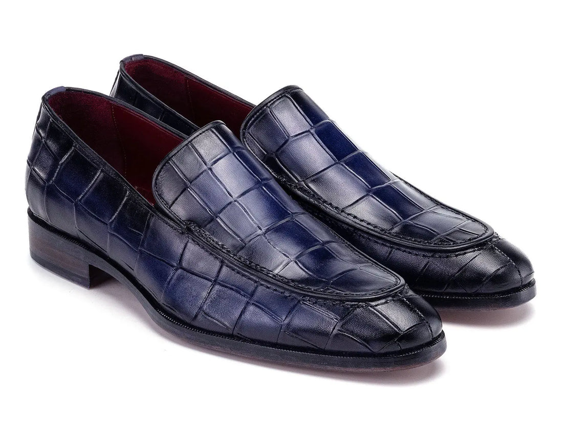 Paul Parkman Men's Blue Crocodile Textured Genuine Leather Loafers (ID#7339-BLU) PAUL PARKMAN
