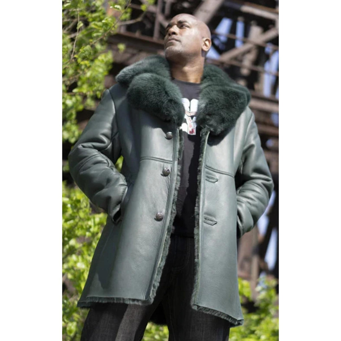 Jakewood 7400 Green Genuine Sheepskin Shearling/Fox Fur Collar Long Length Car Coat