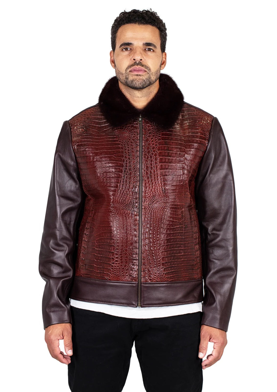 Jakewood 7510 Brown Genuine Alligator/Mink/Lambskin Leather Jacket