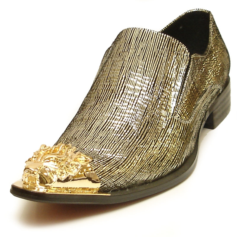 Fiesso FI-6981 Gold Slip on Metal Tip Loafers