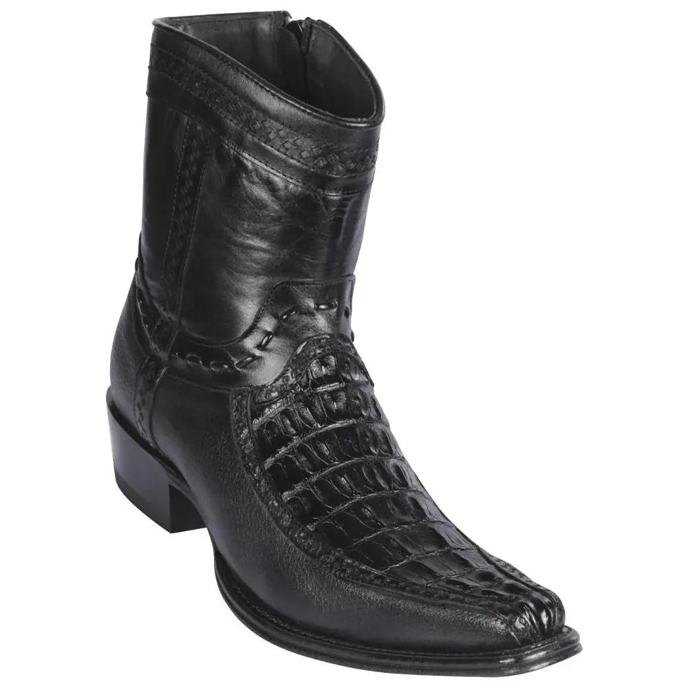 Los Altos 76BF0105 Men's Black Genuine Caiman Tail & Deer European Square Toe Cowboy Boots