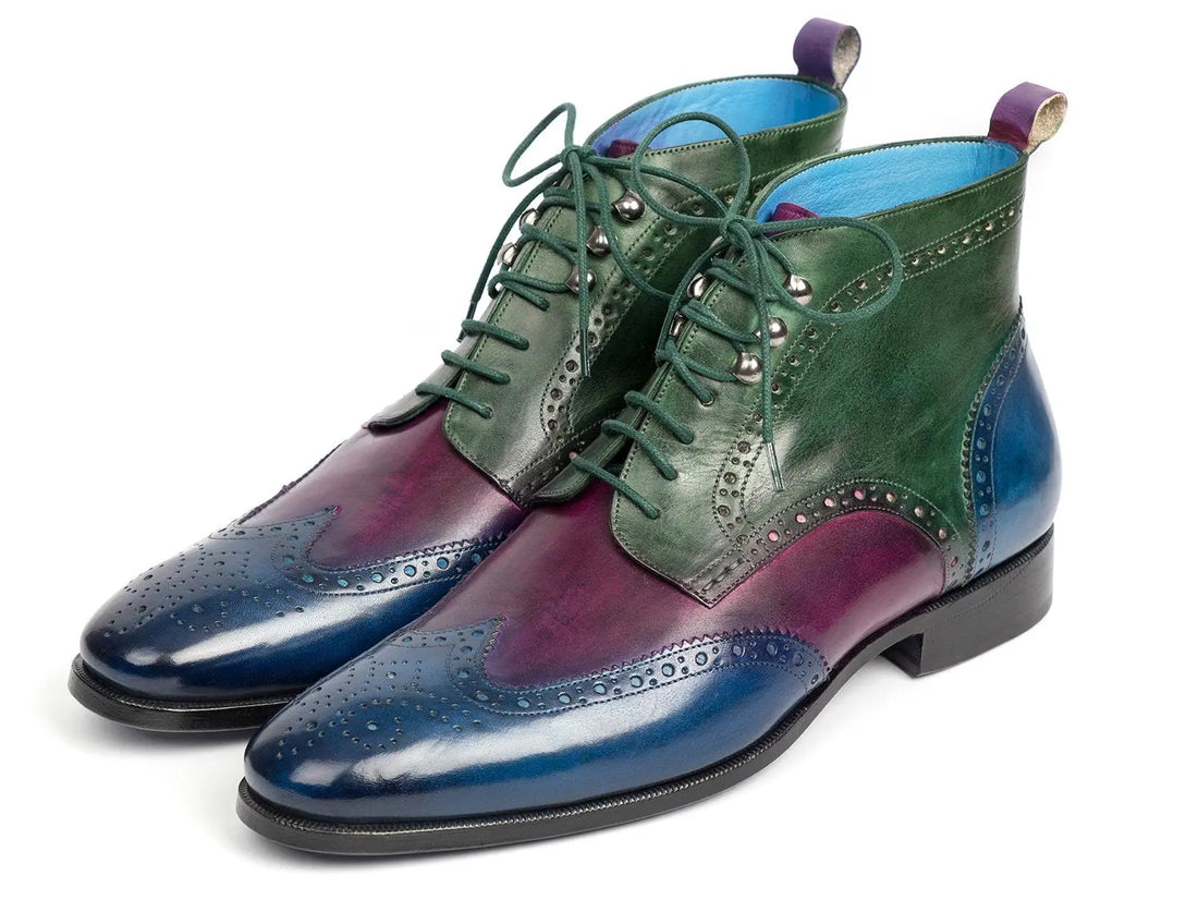 Paul Parkman Men's Three Tone Blue/Purple/Green Wingtip Ankle Boots (ID#777-BLU-PRP) PAUL PARKMAN