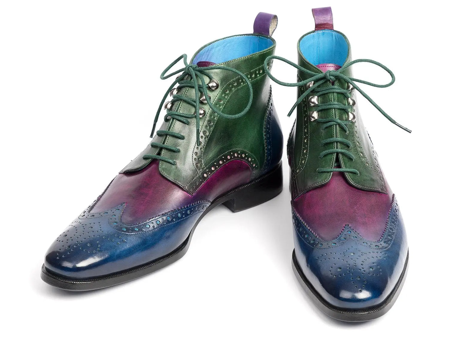 Paul Parkman Men's Three Tone Blue/Purple/Green Wingtip Ankle Boots (ID#777-BLU-PRP) PAUL PARKMAN