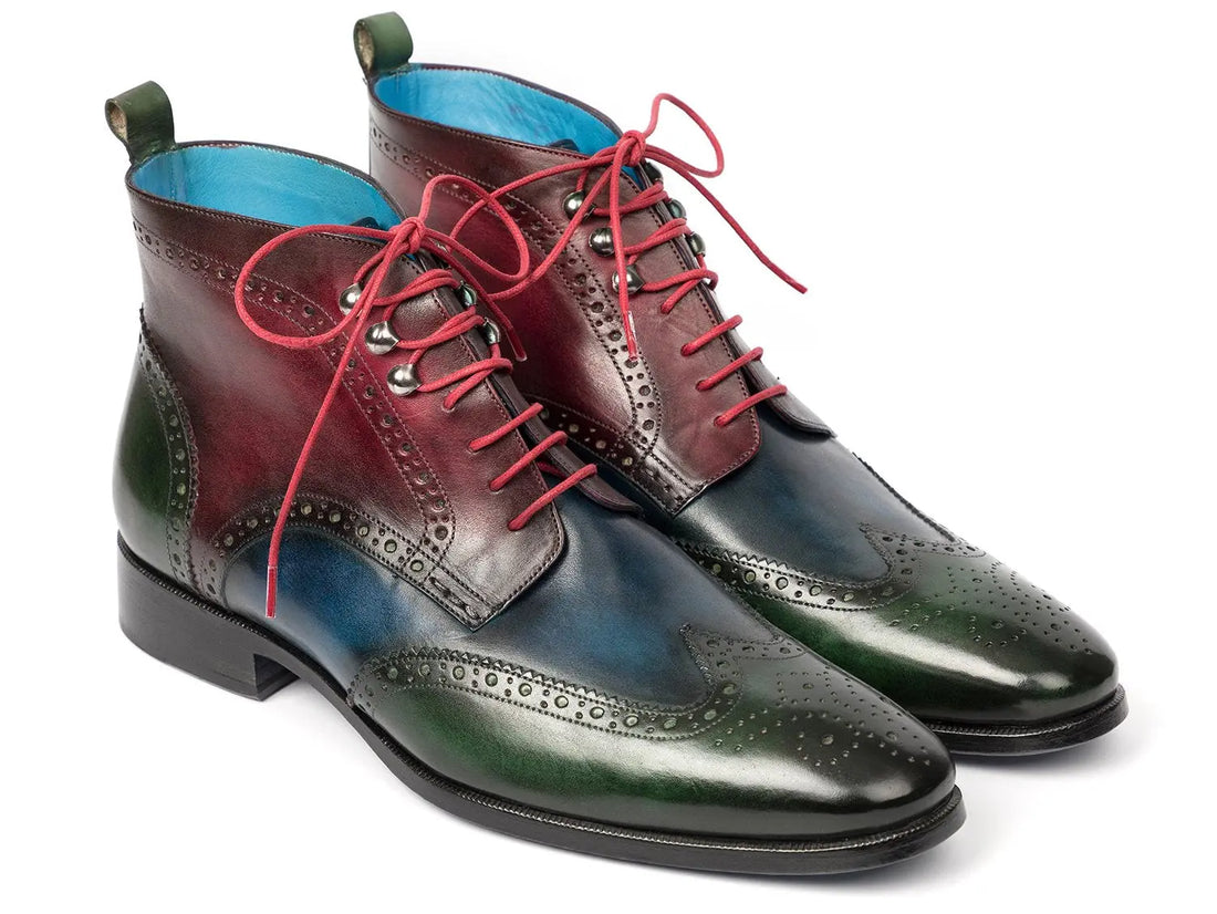 Paul Parkman Men's Three Tone Green/Blue/Bordeaux Wingtip Ankle Boots (ID#777-GRN-BLU) PAUL PARKMAN