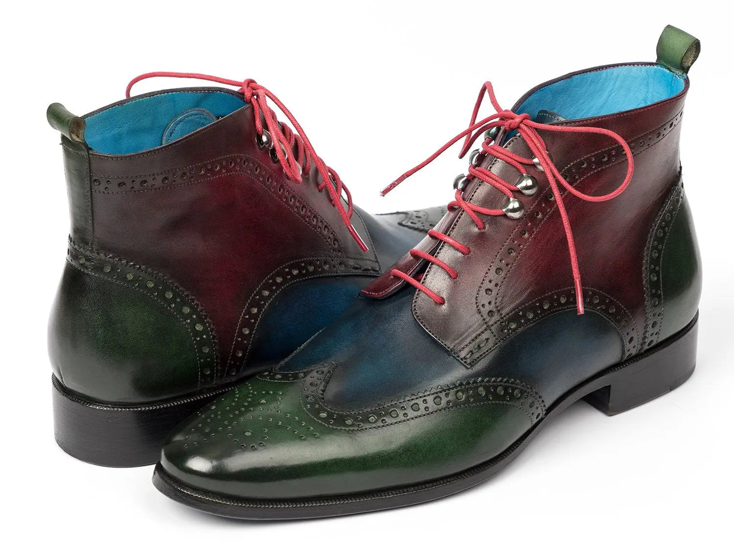 Paul Parkman Men's Three Tone Green/Blue/Bordeaux Wingtip Ankle Boots (ID#777-GRN-BLU) PAUL PARKMAN
