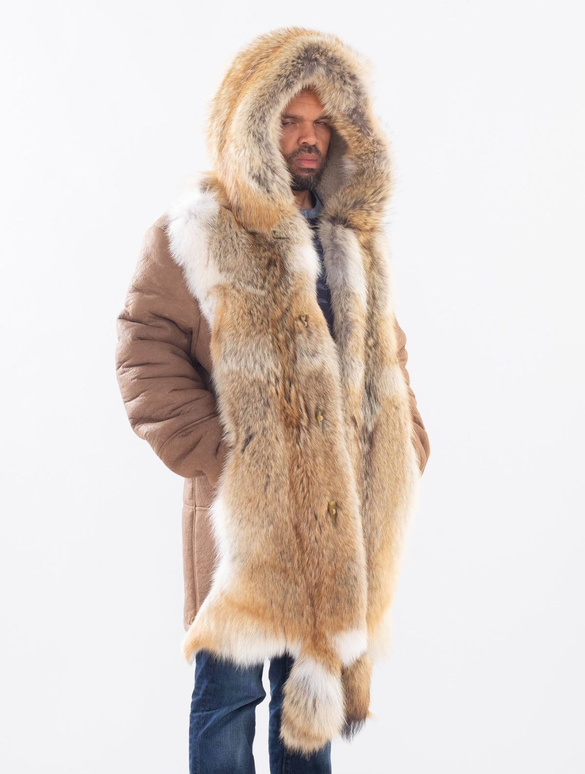 Jakewood 7770 Natural/Tan Genuine Coyote Fur/Leather Long Coat