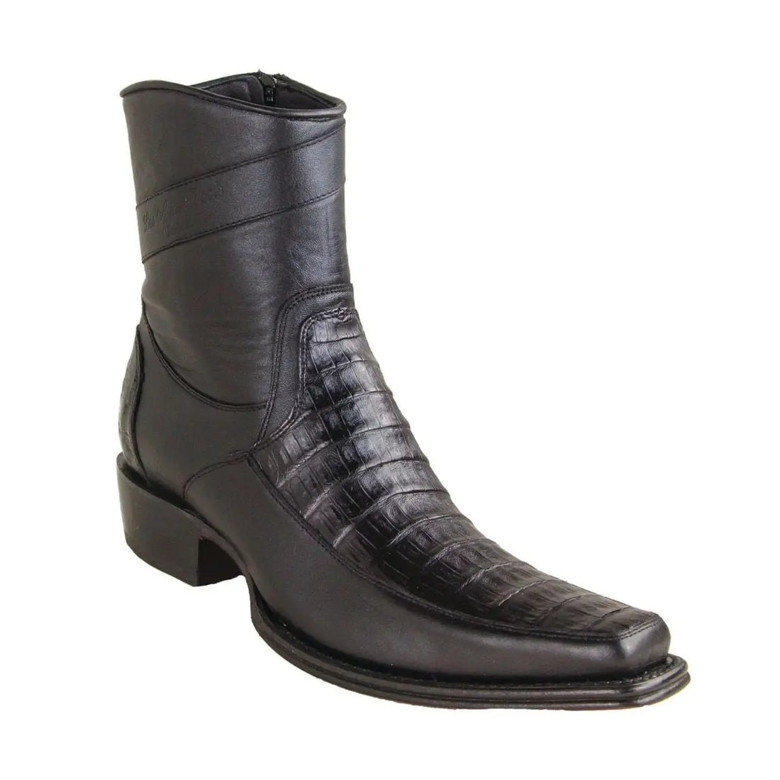 Los Altos 77BF8205 Men's Black Genuine Caiman Crocodile Belly European Square Toe Short Boots