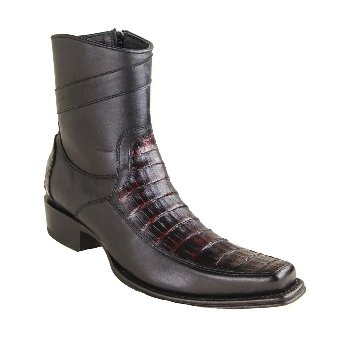 Los Altos 77BF8218 Men's Black Cherry Genuine Caiman Crocodile Belly European Square Toe Short Boots