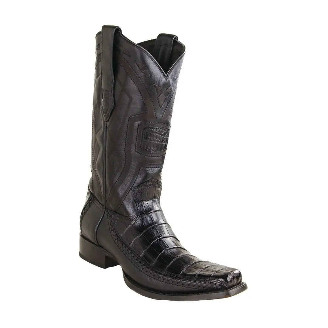 Los Altos 77LF8205 Men's Black Genuine Caiman Crocodile Belly European Square Toe Cowboy Boots