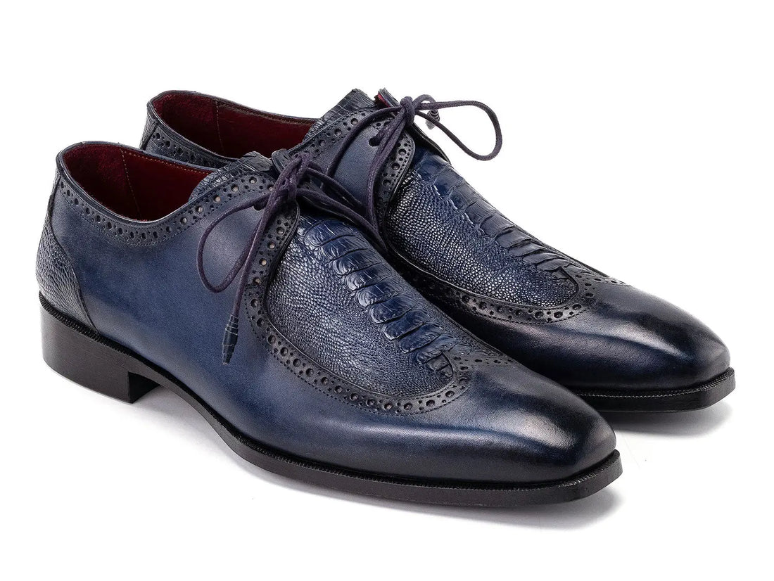 Paul Parkman Men's Navy Blue Genuine Ostrich Leg/Calfskin Derby Shoes (ID#788NV61) PAUL PARKMAN