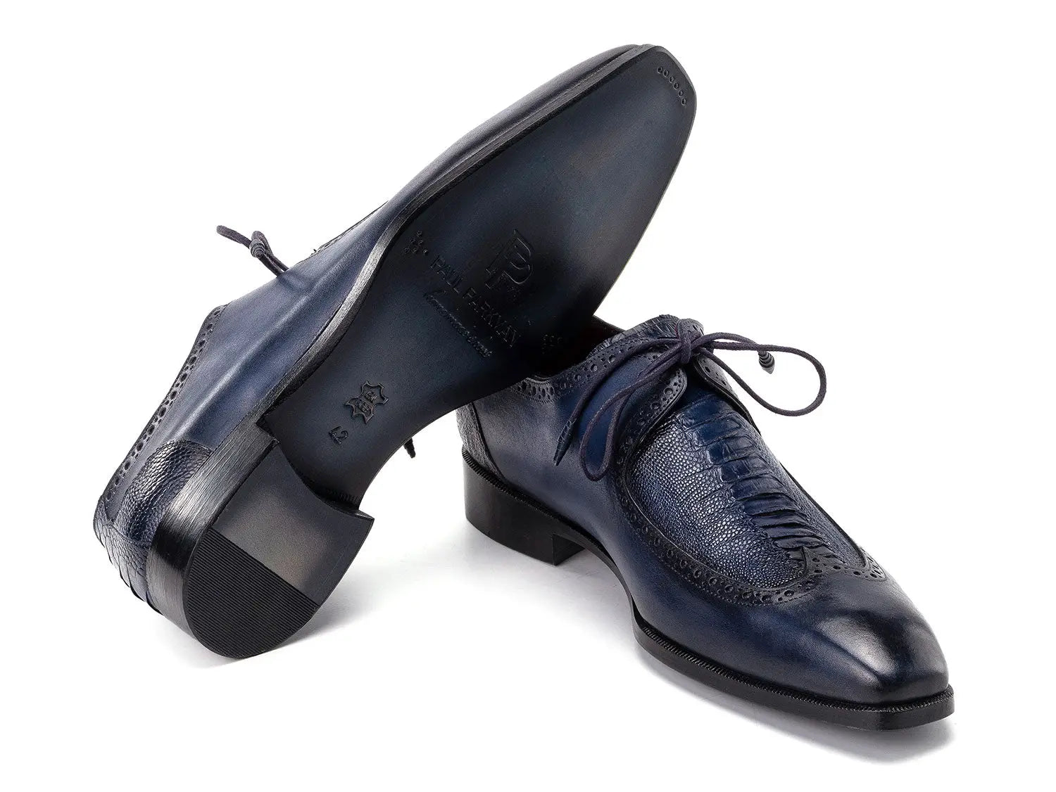 Paul Parkman Men's Navy Blue Genuine Ostrich Leg/Calfskin Derby Shoes (ID#788NV61) PAUL PARKMAN