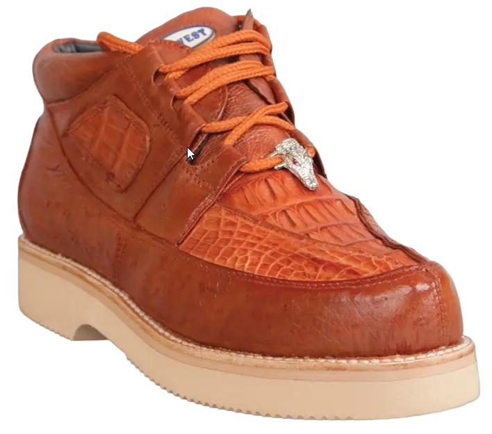 Wild West 2ZA052803 Men's Cognac Genuine Caiman Crocodile/Smooth Ostrich Sneakers