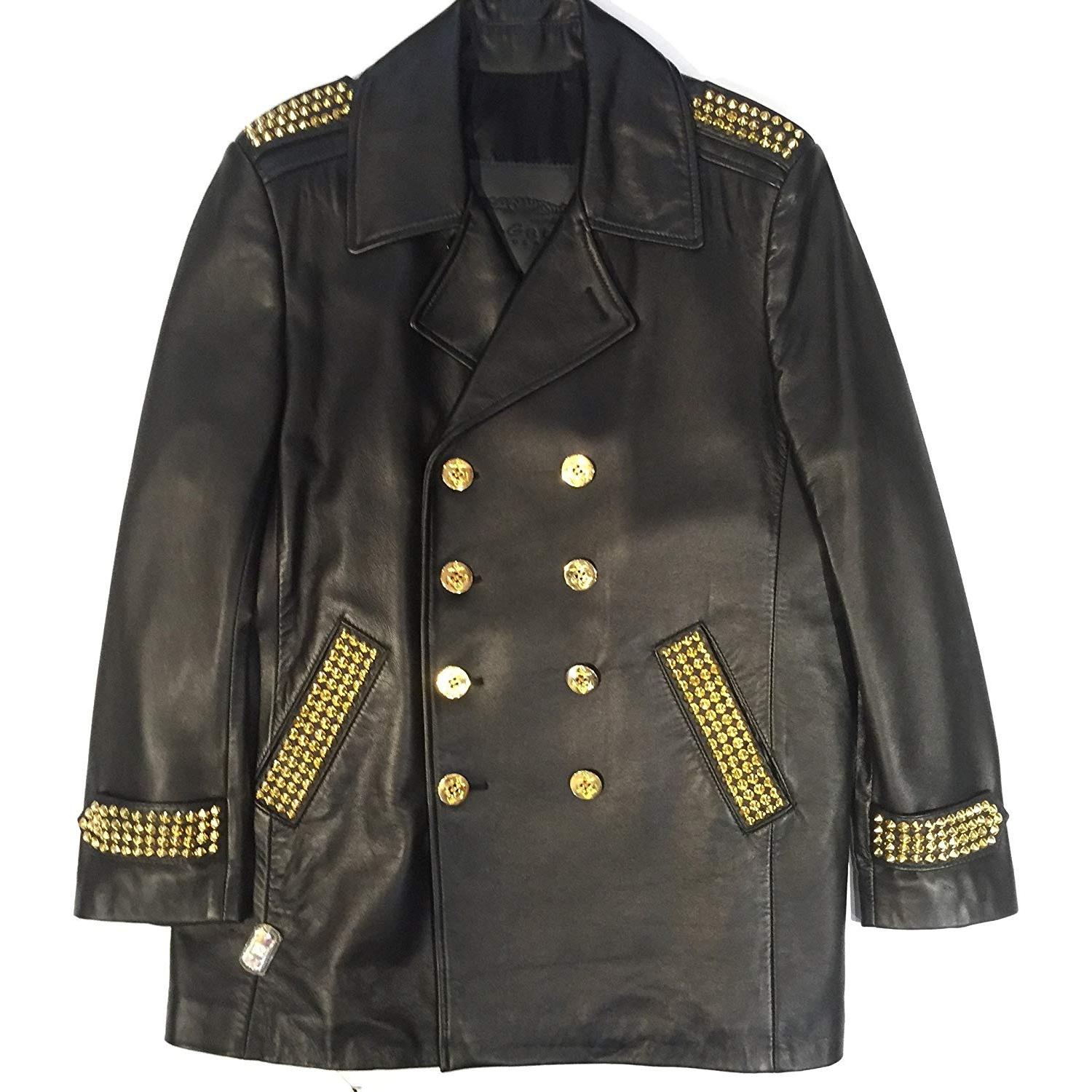 Jakewood Black Genuine Leather Studded Double-Breasted Pea Coat