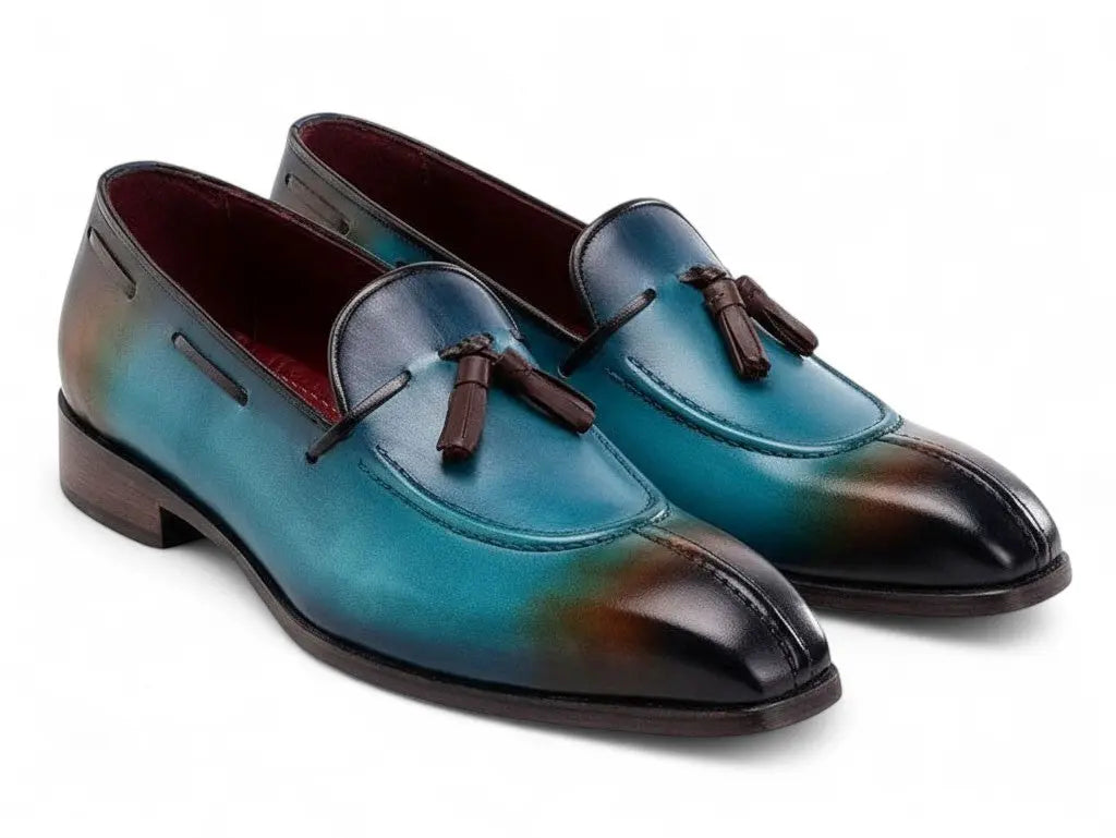 Paul Parkman Men's Split Toe Blue Patina Genuine Leather Tassel Loafers (ID#8135-BLU) PAUL PARKMAN