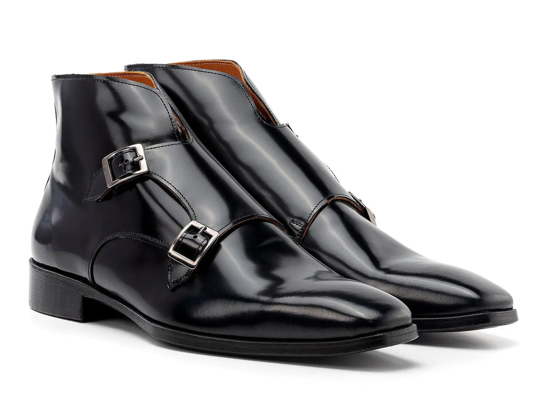 Paul Parkman Men's Black Polished Genuine Leather Double Monk strap Ankle Boots (ID#8154-BLP) PAUL PARKMAN