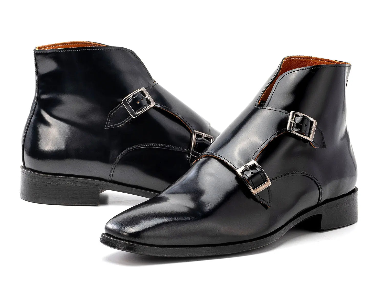 Paul Parkman Men's Black Polished Genuine Leather Double Monk strap Ankle Boots (ID#8154-BLP) PAUL PARKMAN