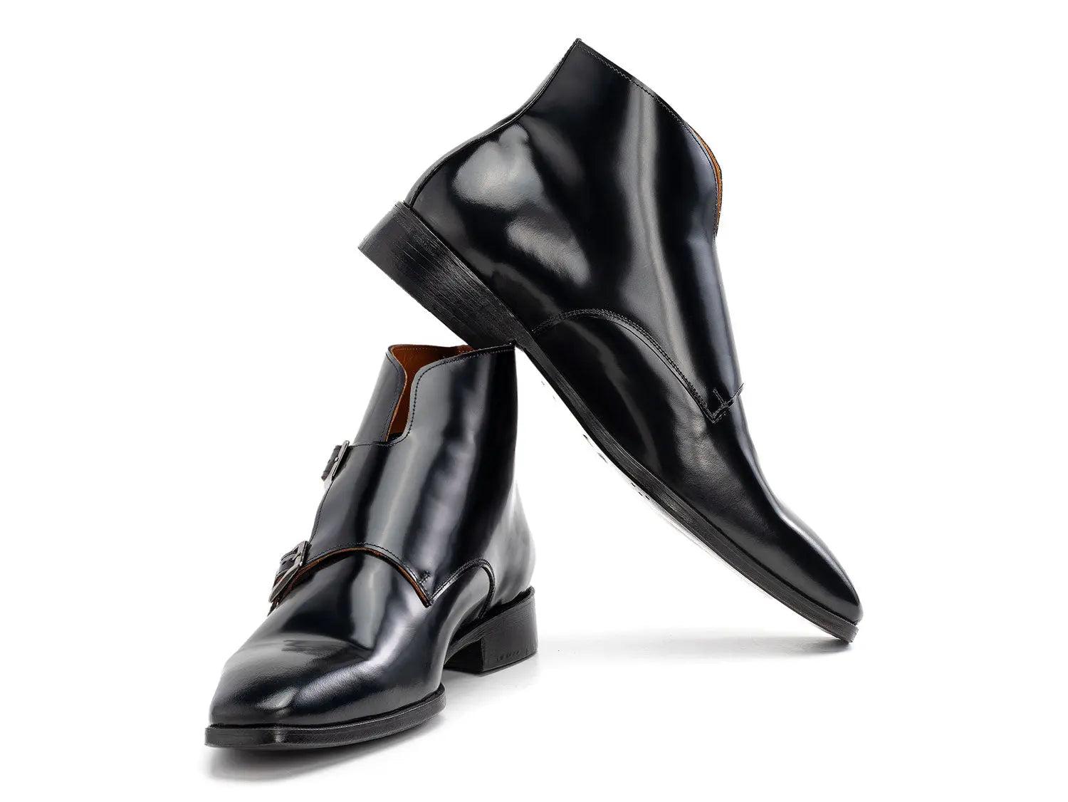Paul Parkman Men's Black Polished Genuine Leather Double Monk strap Ankle Boots (ID#8154-BLP) PAUL PARKMAN
