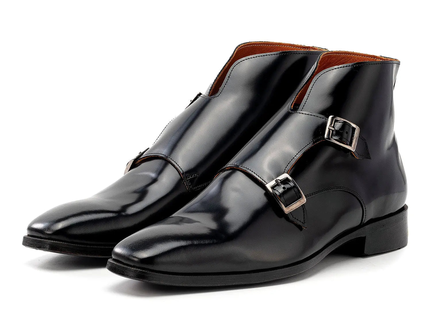 Paul Parkman Men's Black Polished Genuine Leather Double Monk strap Ankle Boots (ID#8154-BLP) PAUL PARKMAN