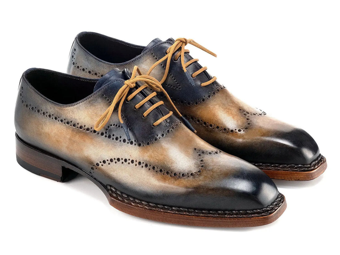 Paul Parkman Men's Camel/Navy Goodyear Welted Wingtip Oxfords (ID#81CML62) PAUL PARKMAN
