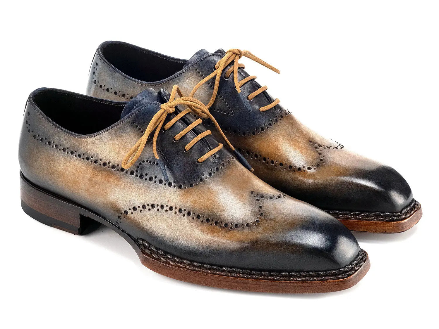Paul Parkman Men's Camel/Navy Goodyear Welted Wingtip Oxfords (ID#81CML62) PAUL PARKMAN
