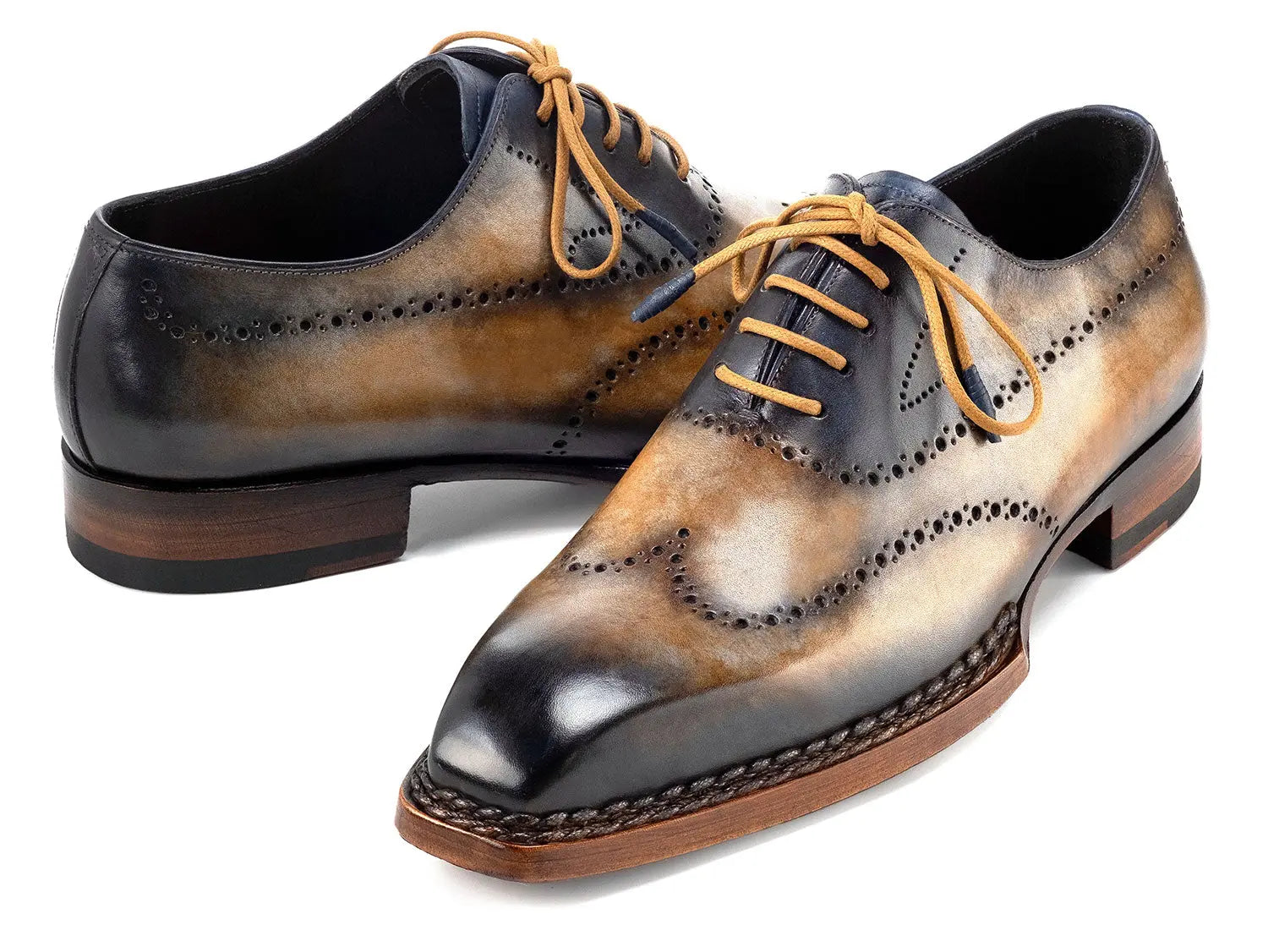 Paul Parkman Men's Camel/Navy Goodyear Welted Wingtip Oxfords (ID#81CML62) PAUL PARKMAN