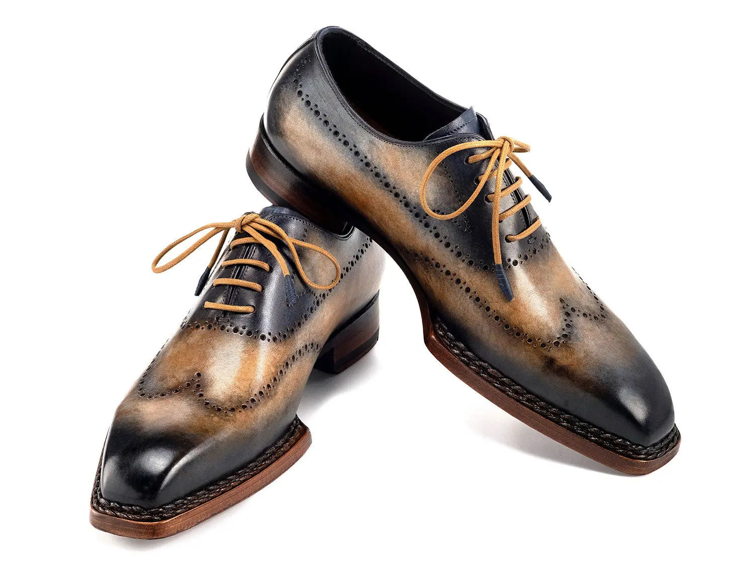 Paul Parkman Men's Camel/Navy Goodyear Welted Wingtip Oxfords (ID#81CML62) PAUL PARKMAN