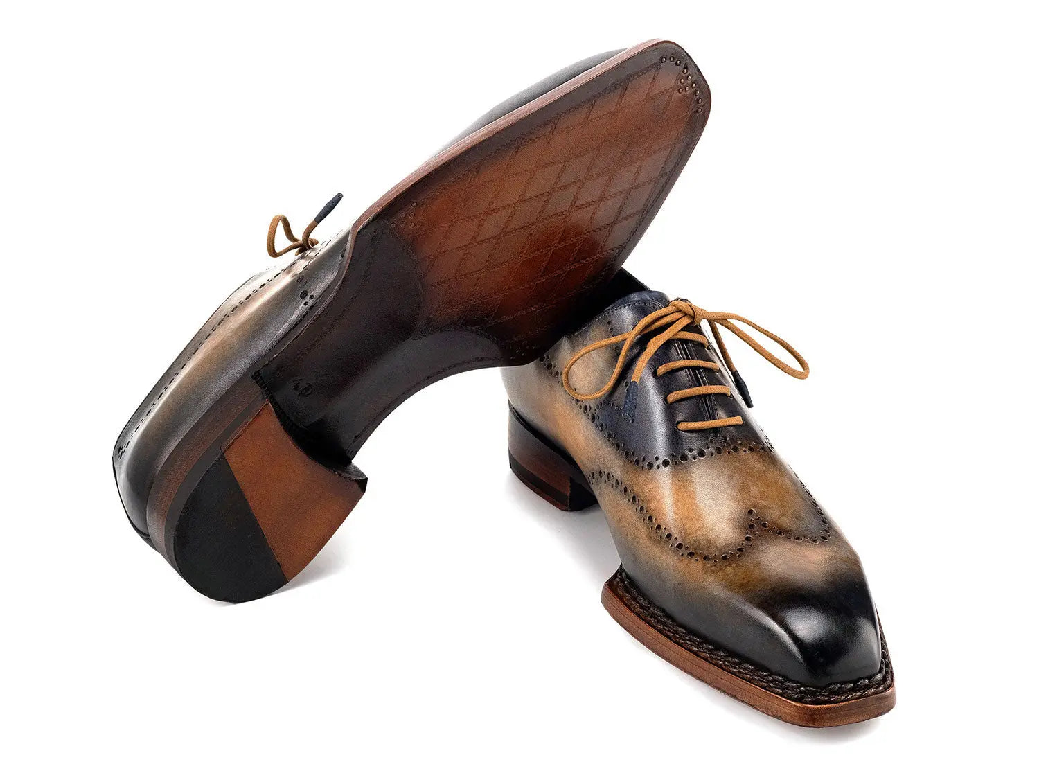 Paul Parkman Men's Camel/Navy Goodyear Welted Wingtip Oxfords (ID#81CML62) PAUL PARKMAN