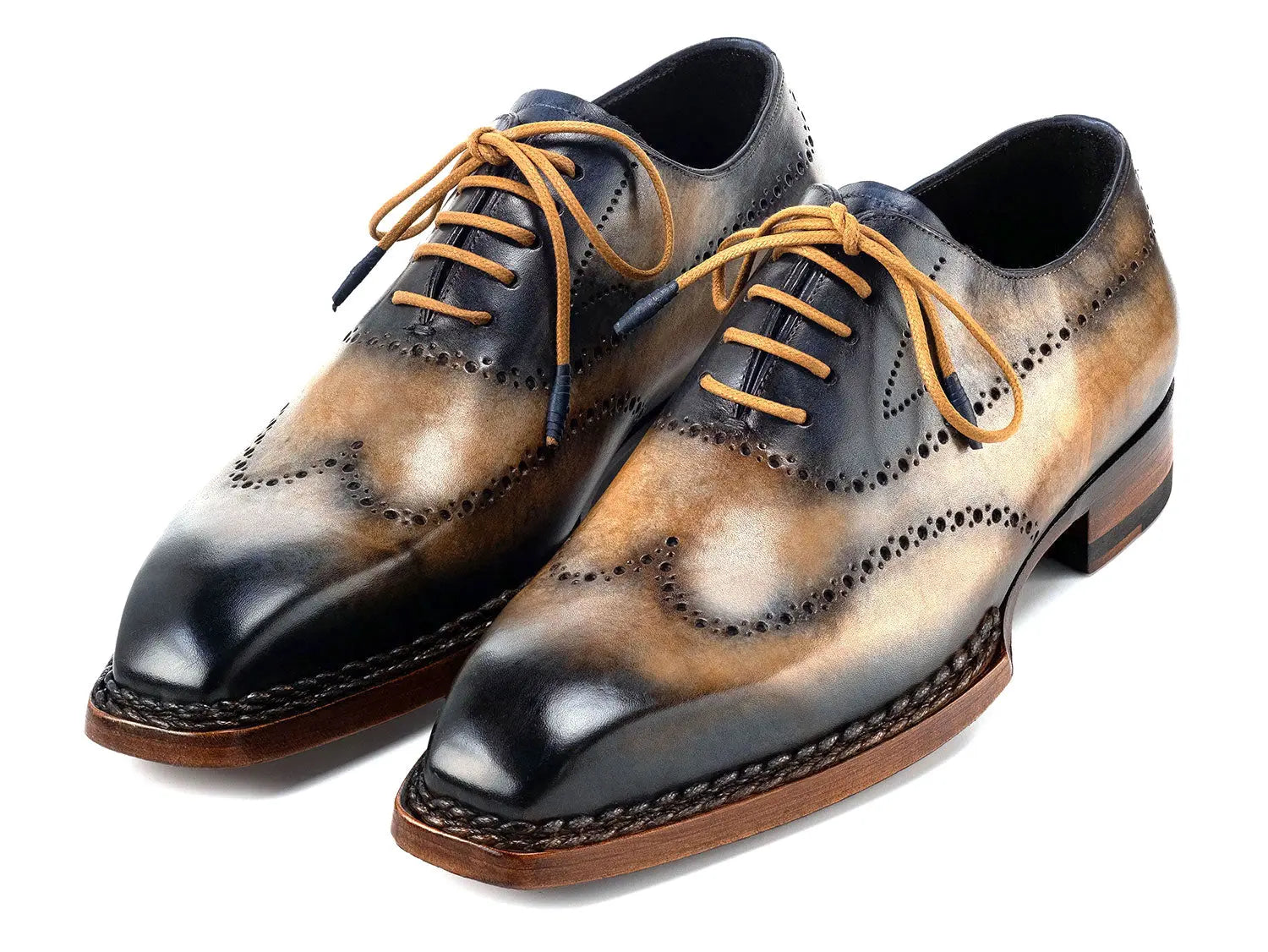 Paul Parkman Men's Camel/Navy Goodyear Welted Wingtip Oxfords (ID#81CML62) PAUL PARKMAN