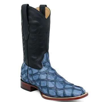 Los Altos 8221014 Men's Denim Blue Genuine Piraruccu Wide Square Toe Cowboy Boots
