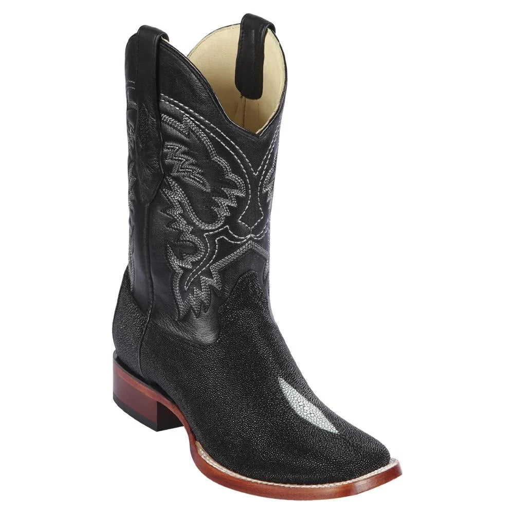 Los Altos 8221205 Men's Black Genuine Stingray Single Stone Wide Square Toe Cowboy Boots