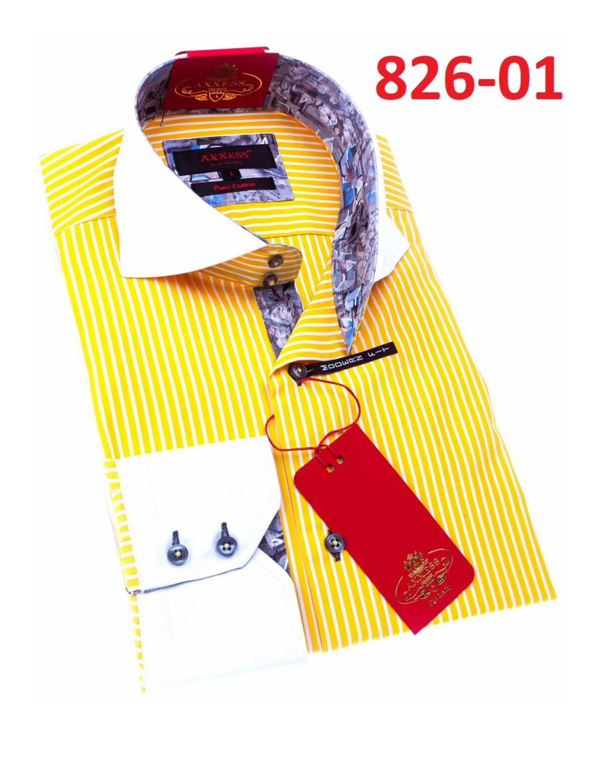 Axxess 826-01 Yellow/White Stripes Cotton Casual Dress Shirt