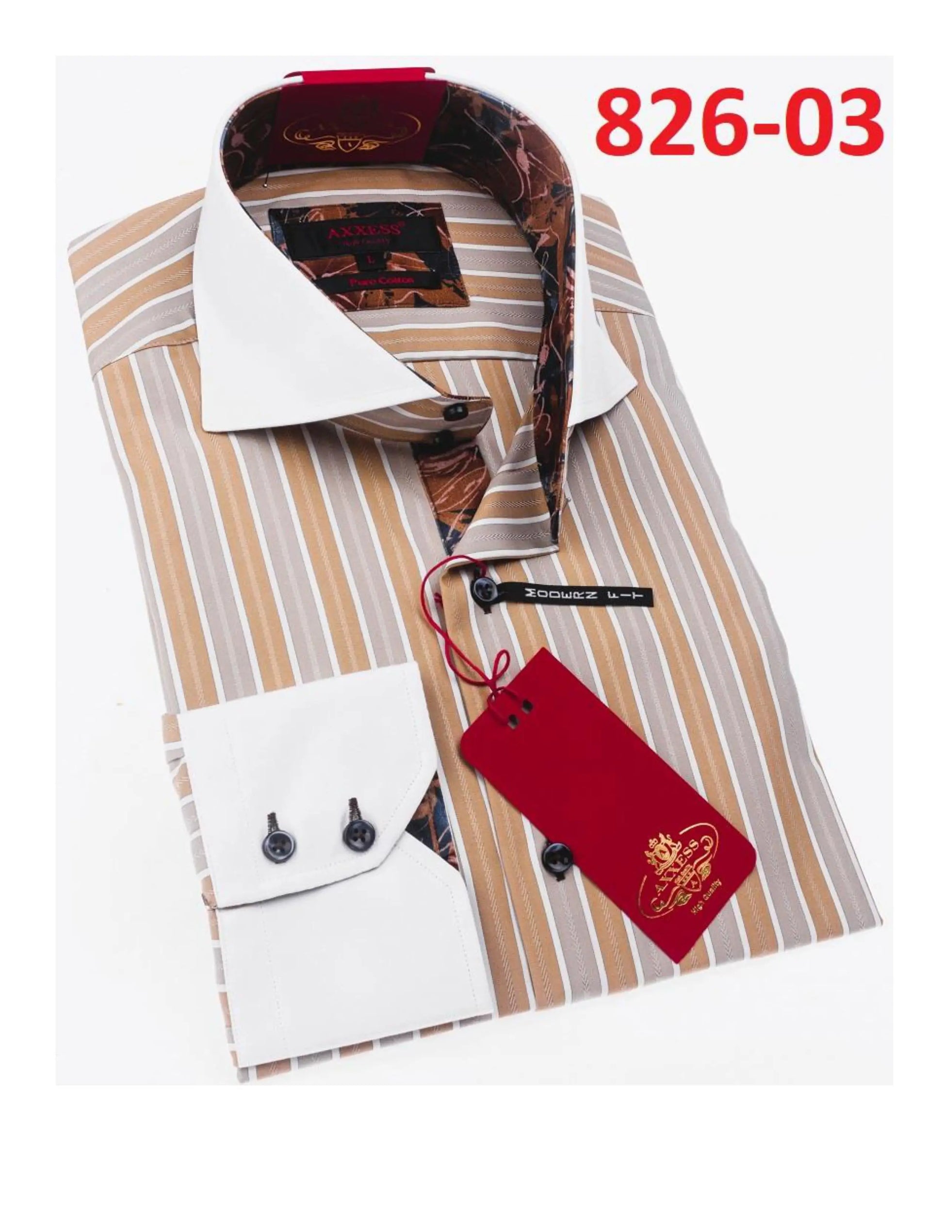 Axxess 826-03 Cognac/Tan/White Stripes Cotton Casual Dress Shirt