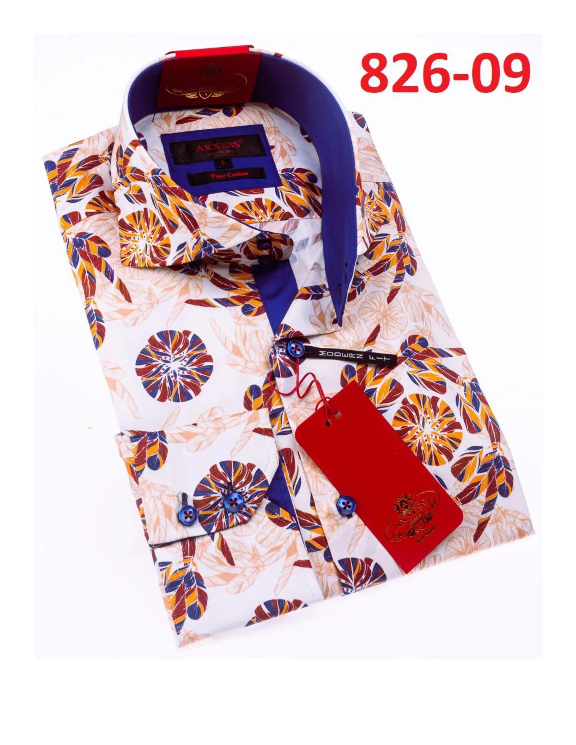 Axxess 826-09 White/Navy Blue/Gold Cotton Casual Dress Shirt