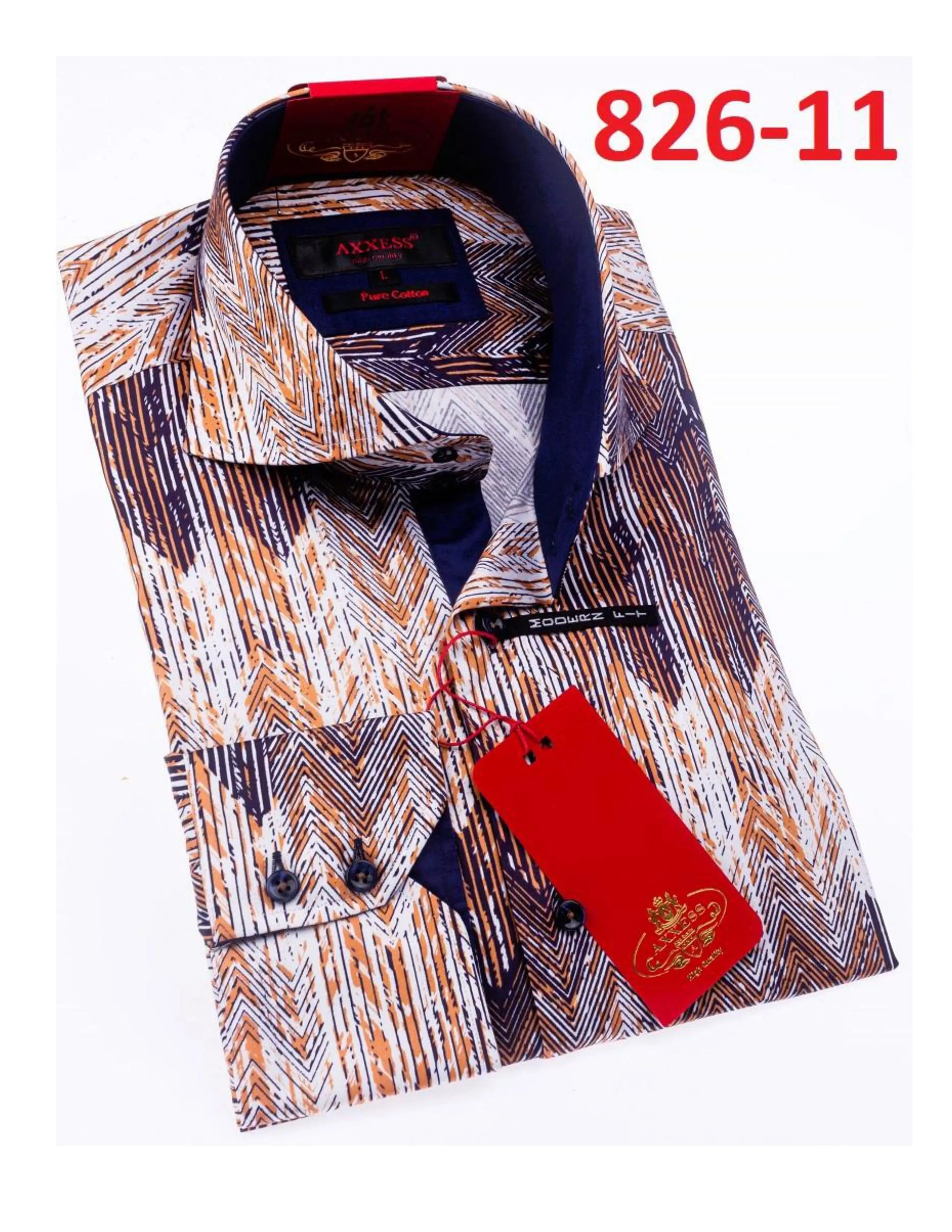 Axxess 826-11 White/Navy Blue/Mustard Cotton Casual Dress Shirt