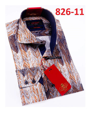 Axxess 826-11 White/Navy Blue/Mustard Cotton Casual Dress Shirt