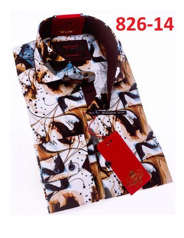Axxess 826-14 White/Brown/Blue Cotton Casual Dress Shirt