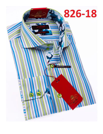Axxess 826-18 Blue/White/Green/Grey Stripes Cotton Casual Dress Shirt